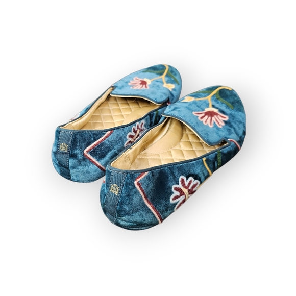 Birdies Velvet Floral Embroidered Loafer Flats Blue Womens - Picture 4 of 7